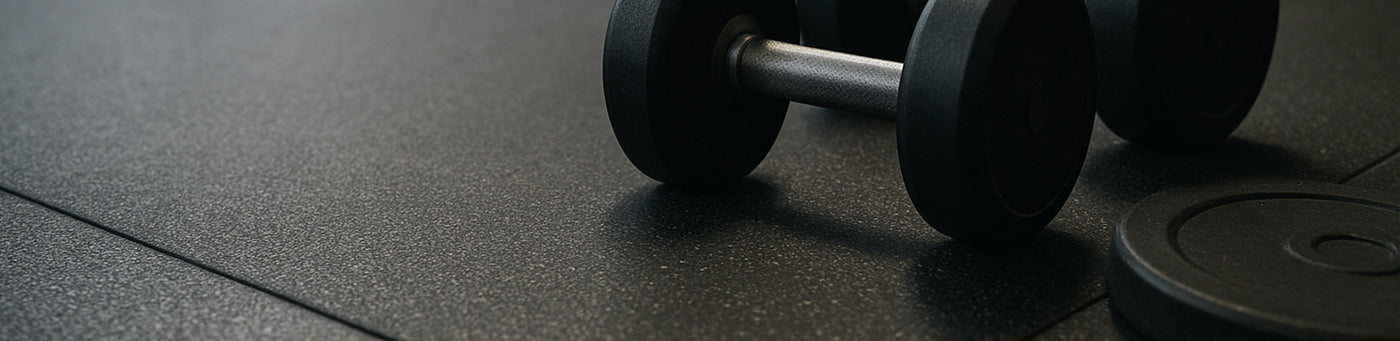 Kurzhantel und Gewichtsscheibe auf robuster Antivibrationsmatte im Fitnessstudio – idealer Bodenschutz bei schweren Trainingsgeräten.