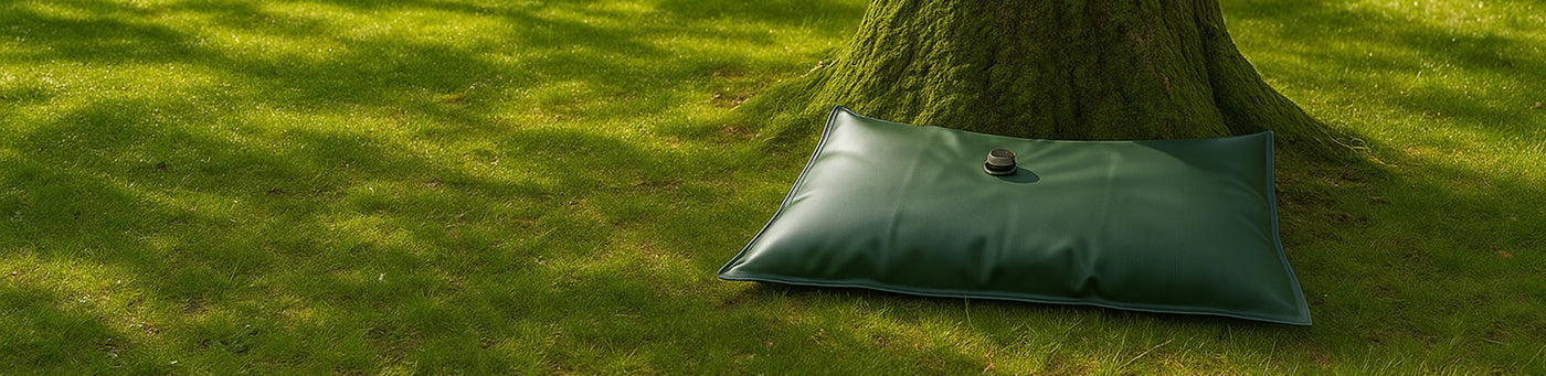 Grüne Bewässerungstasche am Baumstamm auf einer Wiese – effiziente Wasserversorgung für Bäume