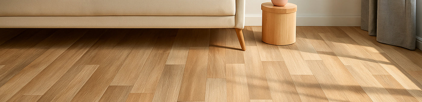 Heller Vinylboden in Holzoptik in modernem Wohnzimmer mit Sofa und Beistelltisch