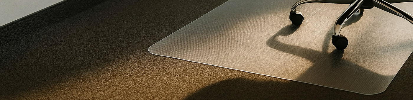 Bürostuhl auf transparenter Bodenschutzmatte zum Schutz von dunklem Teppichboden im modernen Arbeitsbereich