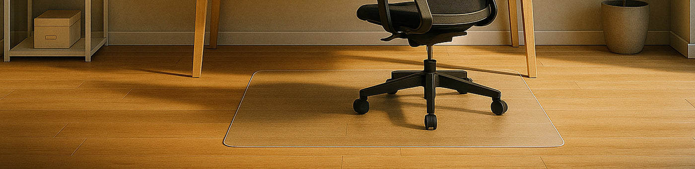 Transparente Bodenschutzmatte unter einem Bürostuhl auf hellem Holzfußboden im Homeoffice