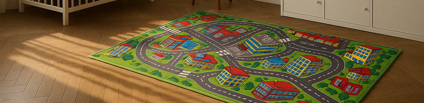 Bunter Kinderteppich mit Straßenspielmotiv in einem gemütlichen Kinderzimmer mit Holzboden