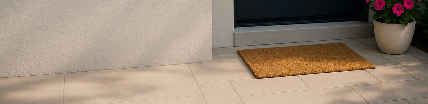 Kokosmatte von Mattenlager vor dem Hauseingang auf hellem Fliesenboden – natürliche Fußmatte aus Kokosfasern für den Außenbereich