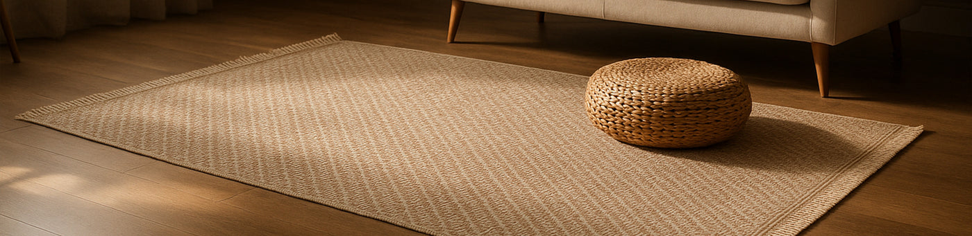 Minimalistisches Wohnzimmer mit Naturfaserteppich auf Holzfußboden, geflochtenem Pouf und beigem Sofa bei warmem, natürlichem Licht