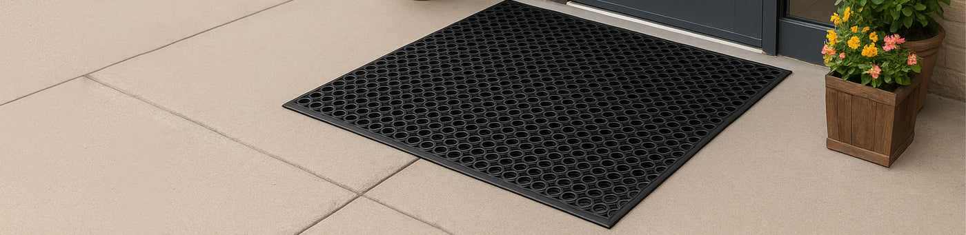 Robuste Ringgummimatte von Mattenlager vor dem Eingang auf hellem Steinboden – wetterfeste Gummimatte für außen mit rutschhemmender Oberfläche