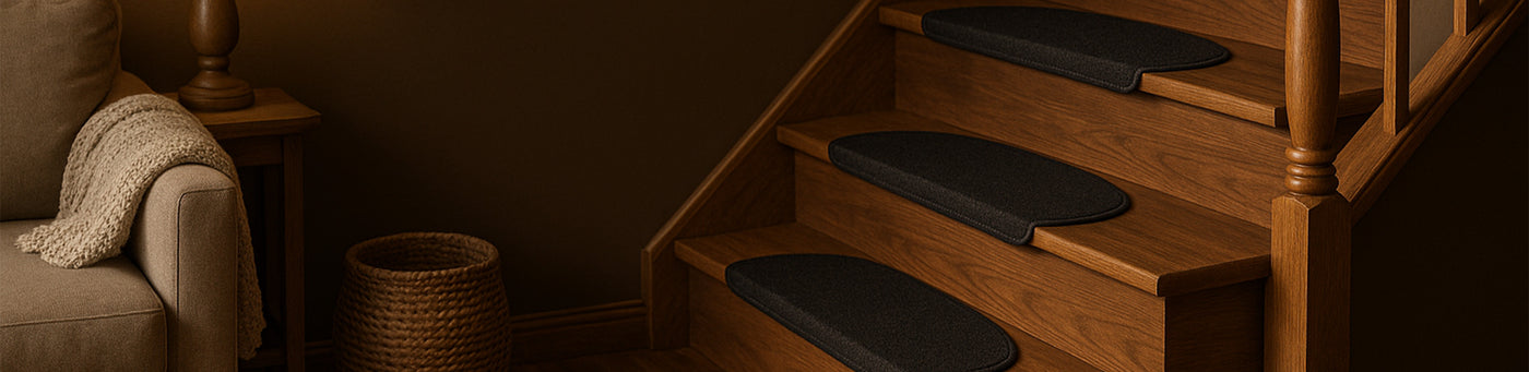 Halbrunde Treppenmatten in Anthrazit auf Holztreppe im gemütlichen Wohnbereich – rutschfest und geräuschdämpfend