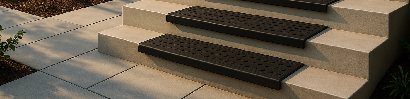 Schwarze Gummi-Treppenmatten mit Noppenstruktur auf Außentreppe aus Betonplatten – rutschfester Stufenschutz