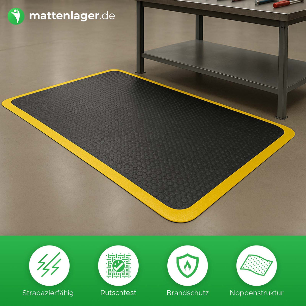 Antiermüdungsmatte Ergosoft Bubble in Anwendung in einer Werkstatt vor einem Arbeitstisch