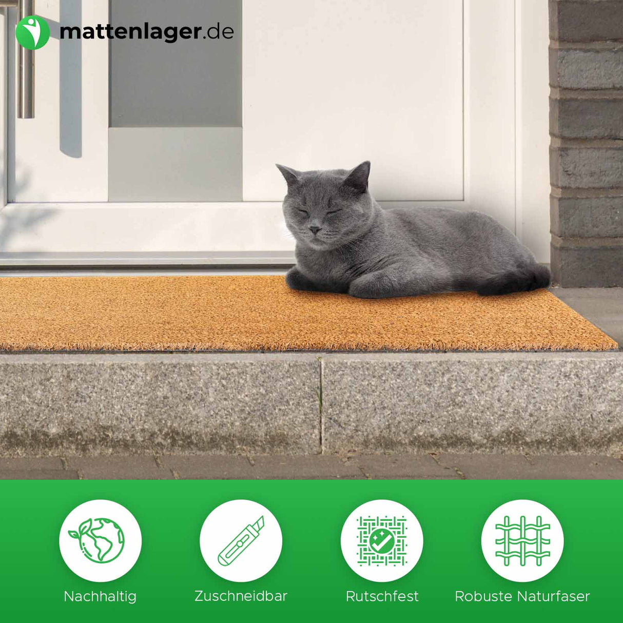Kokosmatte Island in Anwendung vor Weißer Haustür mit Katze auf der Kokosmatte liegend