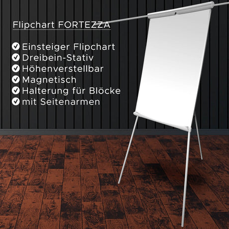 Flipchart Whiteboard FORTEZZA PRO | Mit Seitenarmen | Magnethaftend | Bis zu 184cm größenverstellbar