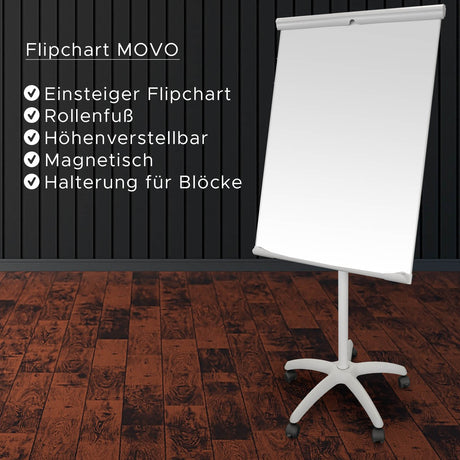 Flipchart Whiteboard MOVO | Höhenverstellbar | Rollbar | Magnethaftend