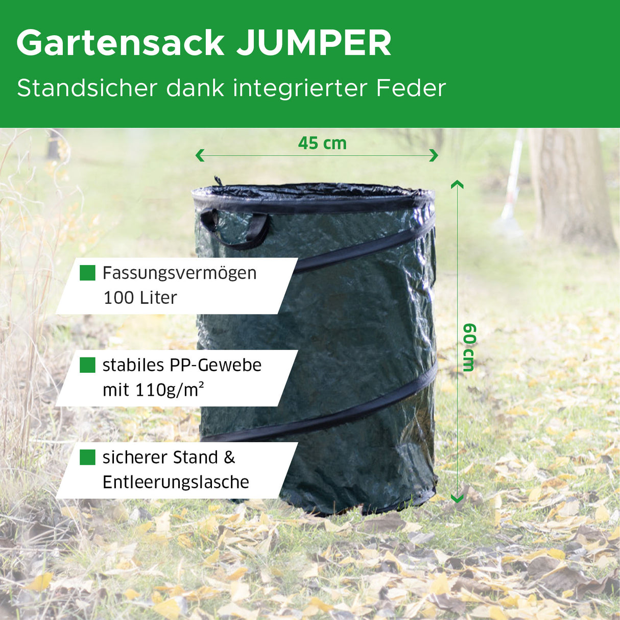 Gartensack JUMPER Maße und Infos Mattenlager | 100 L | Grün