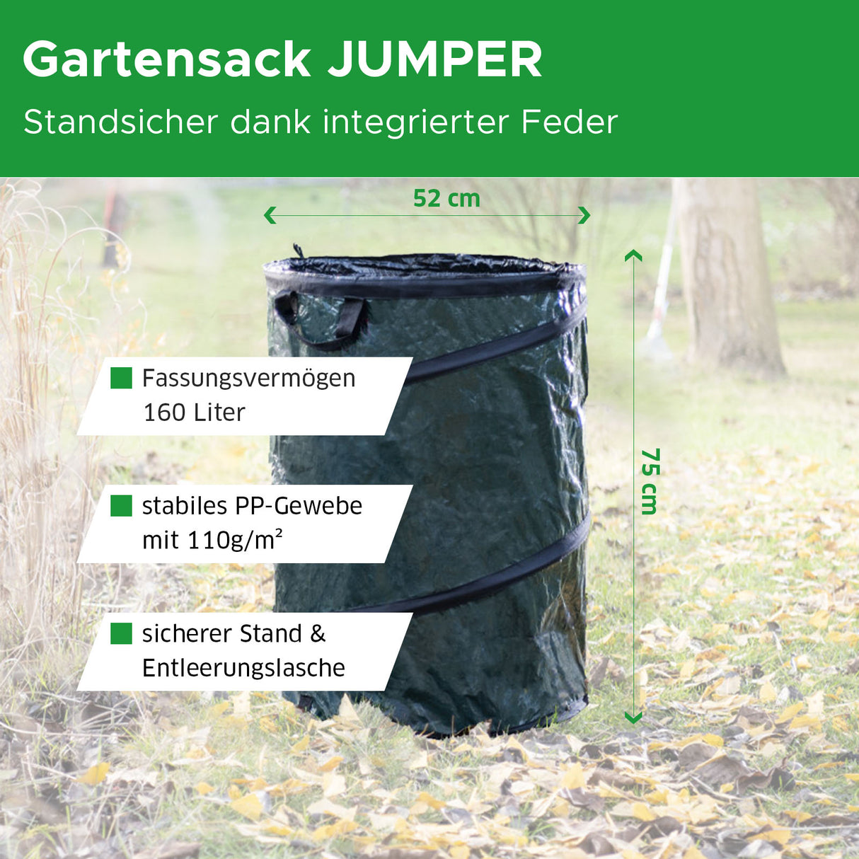 Gartensack JUMPER Maße und Infos Mattenlager | 160 L | Grün