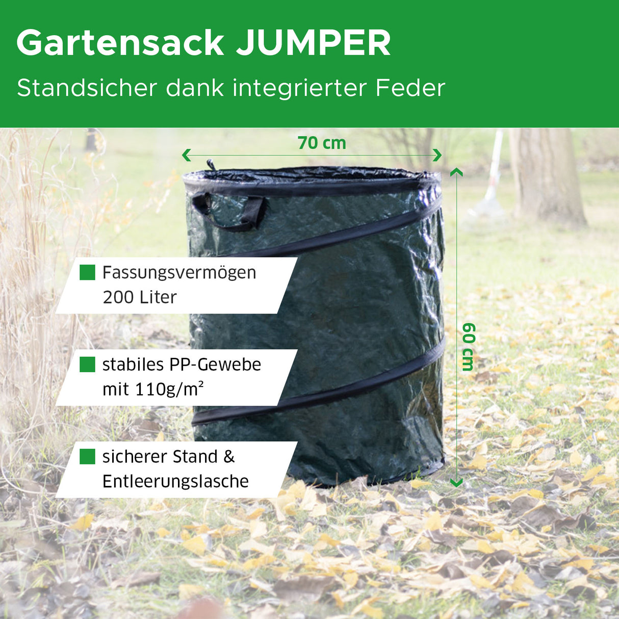 Gartensack JUMPER Maße und Infos Mattenlager | 200 L