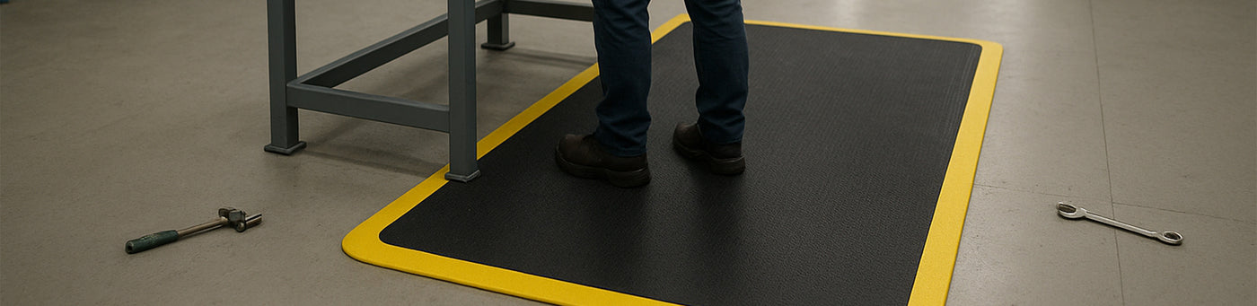 Arbeiter steht auf einer ergonomischen Anti-Ermüdungsmatte mit gelbem Rand an einem Arbeitstisch – Werkstattumgebung mit liegendem Schraubenschlüssel und Hammer.