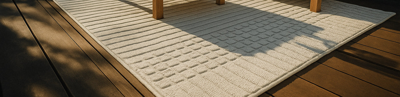 Heller Balkonteppich auf dunklem Holzdeck unter Gartenmöbeln, ideal für den Outdoor-Bereich