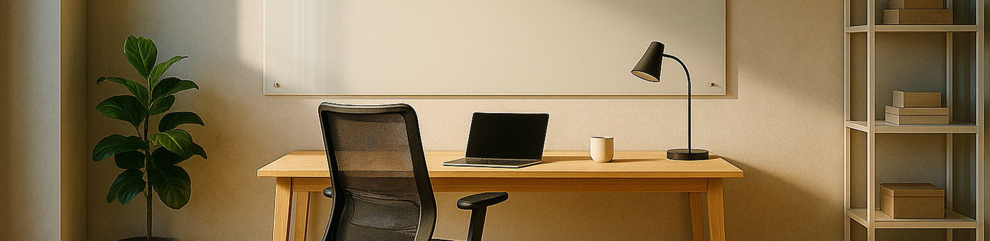 Modernes Homeoffice mit Holzschreibtisch, ergonomischem Stuhl, Laptop, Schreibtischlampe und Pflanze