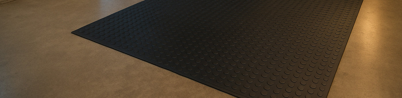 Schwarze Gummimatte mit Noppenstruktur auf glattem Boden – rutschfeste Arbeitsplatzmatte aus Gummi von Mattenlager für industrielle oder gewerbliche Nutzung
