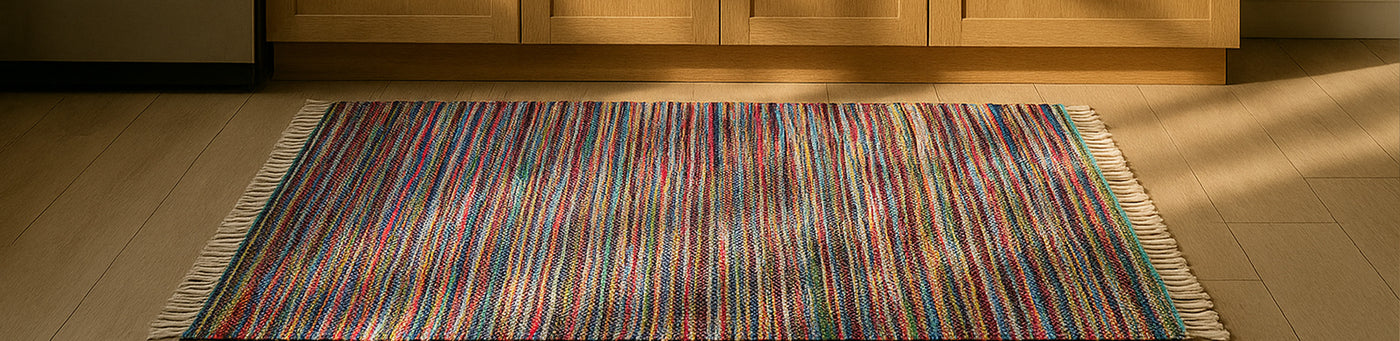 Bunter Küchenläufer mit Fransen auf hellem Holzboden vor einer Küchenzeile aus Holz