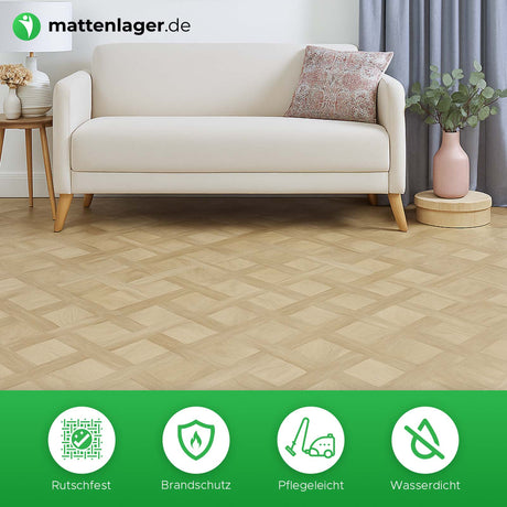 Bodenbelag BRIDE in Anwendung. Boden im Wohnbereich mit hellen Möbel