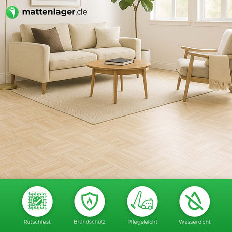 PVC Bodenbelag DICE in Anwendung. Boden in Wohnzimmer mit hellen Möbeln