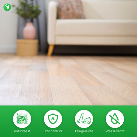 PVC-Bodenbelag VARA in Anwendung mit Couch und Pflanze - moderne Holzoptik | Hellbeige