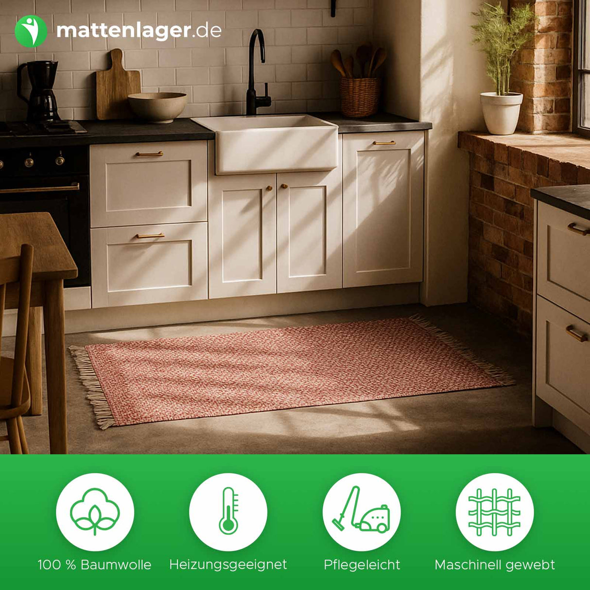 Teppich Anda in Anwendung. Roter Teppich auf dem Boden einer Küche 