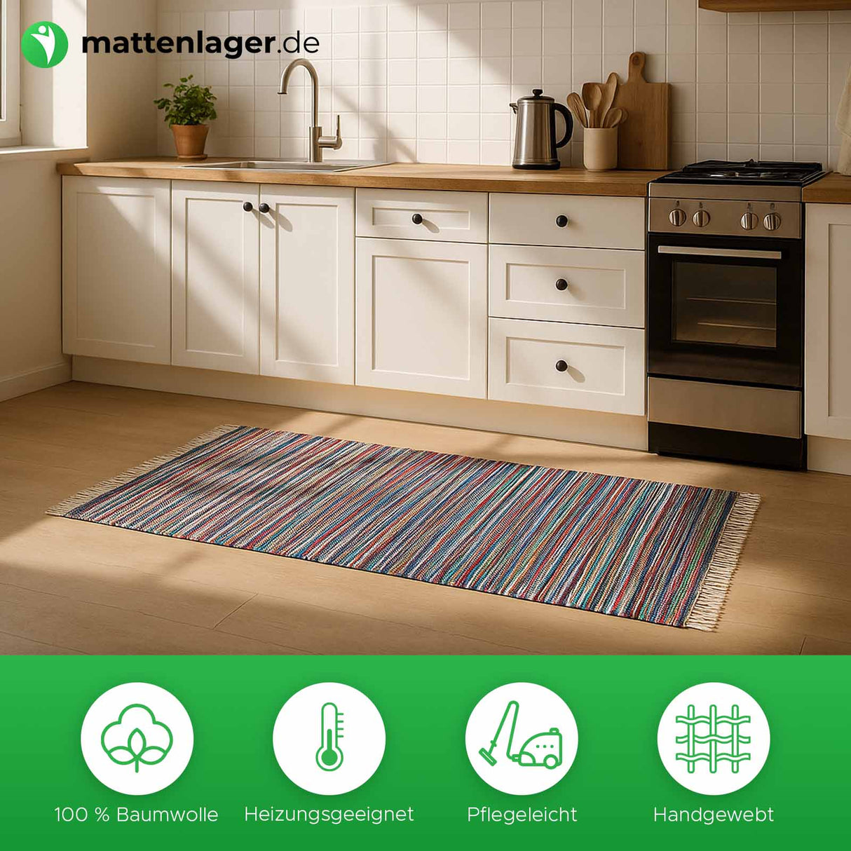 Teppich Holi in Anwendung. Liegt auf Boden in moderner Küche