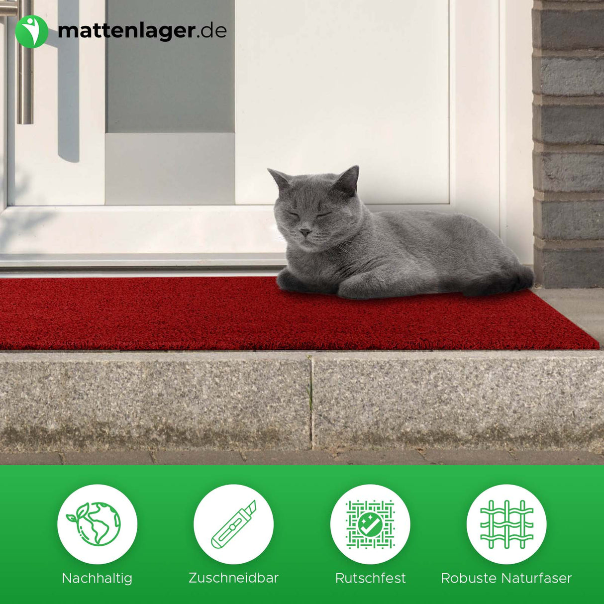 Kokosmatte Island Premium in Anwendung. Katze liegt auf roter Kokosmatte 