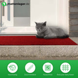 Kokosmatte Island Premium in Anwendung. Katze liegt auf roter Kokosmatte 