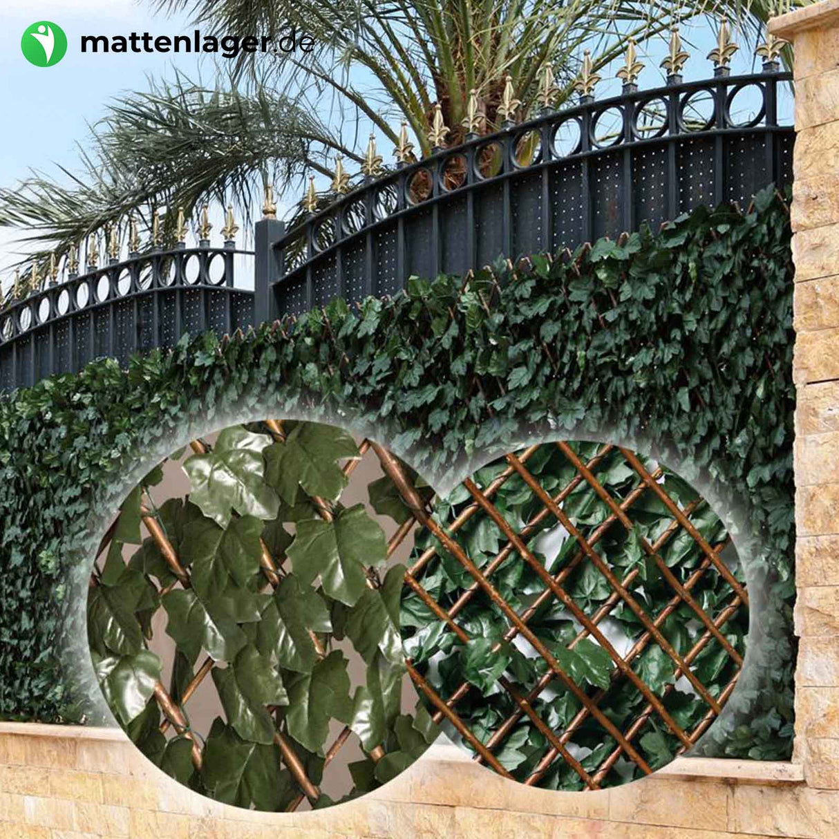 Holz Rankgitter LUMRA mit Kunstefeu Gesamtansicht | Mit Laub