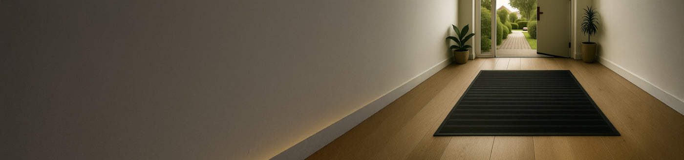 Schwarze Sauberlaufmatte im modernen Eingangsbereich mit Holzfußboden – stilvoller Schmutzfangteppich für Privathaushalte und Innenbereiche