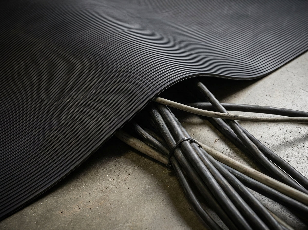 SBR Gummimatte TRAK MINI Kabelschutz Detail – Kabel unter Feinriefenmatte