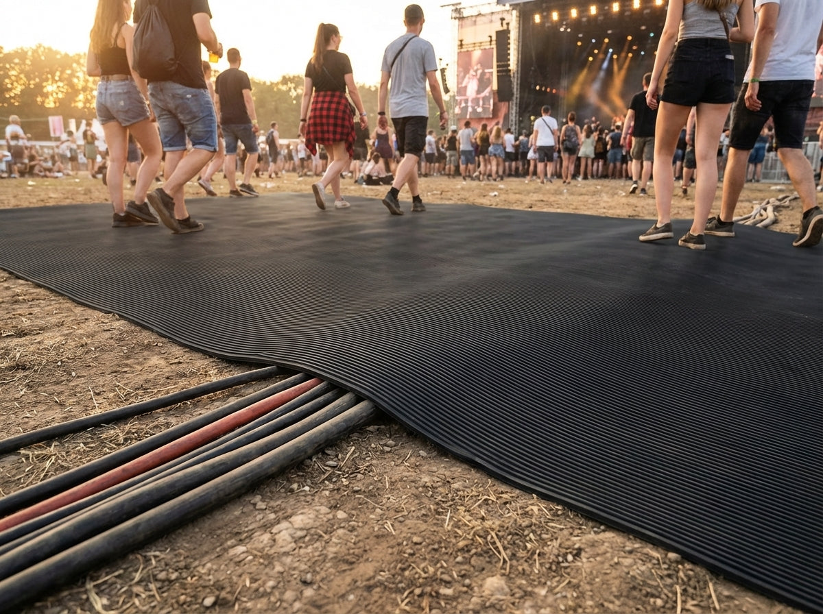 SBR Gummimatte TRAK MINI als Kabelschutzmatte bei Outdoor-Event – Kabel sicher verlegen