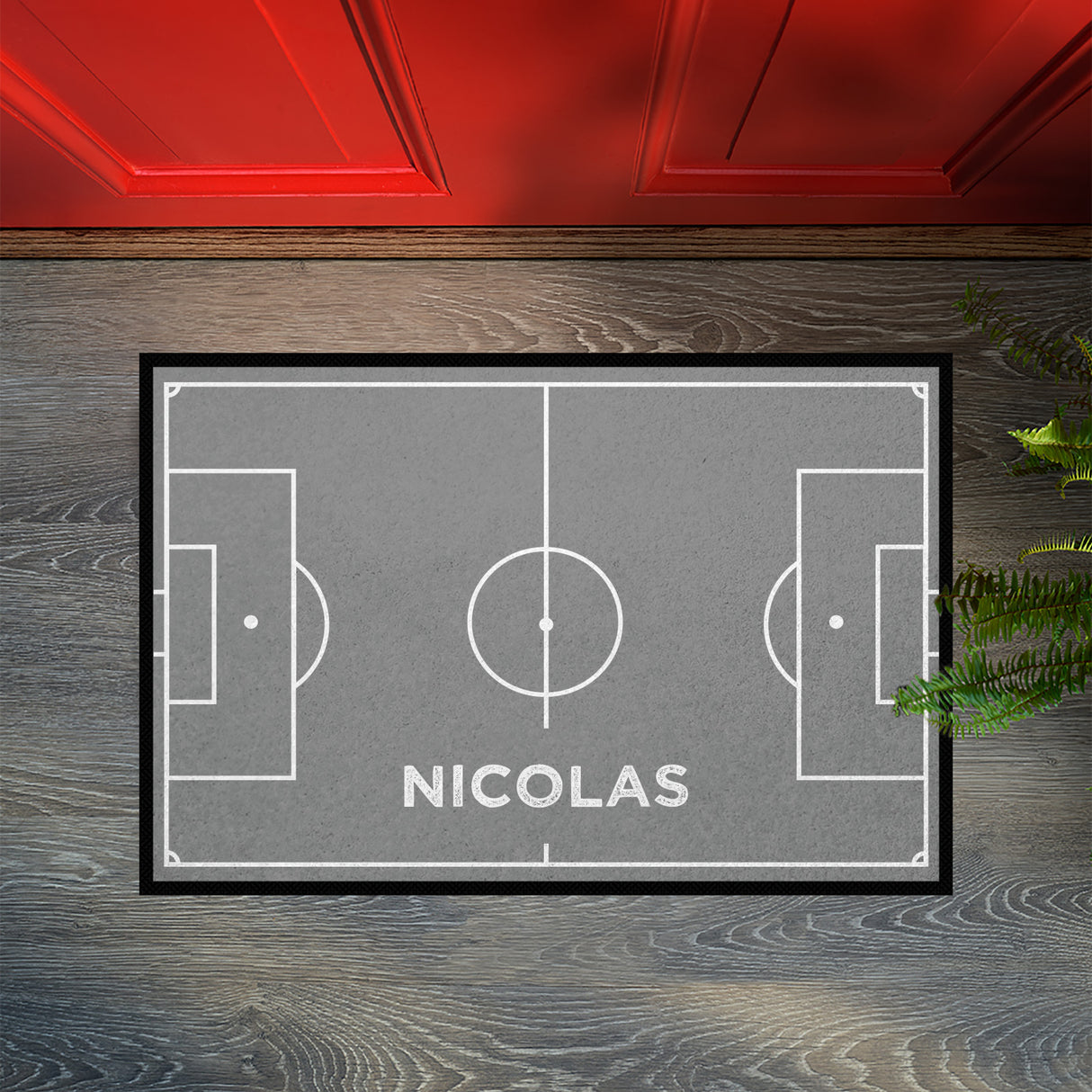 Fußmatte SPORT STYLE - Design "Fußballfeld mit Name" - personalisierbar | Mittelgrau/Weiß